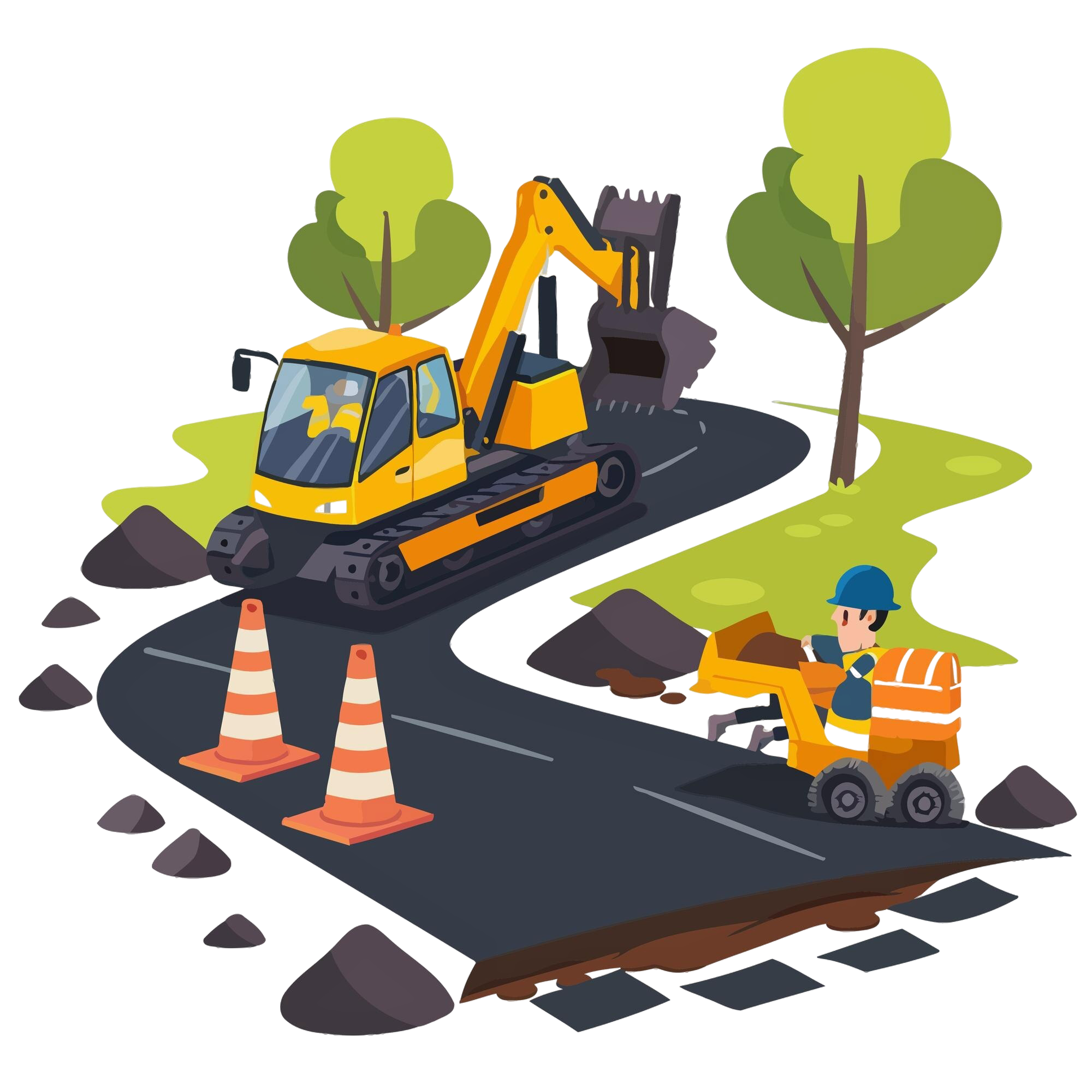 construction-worker-is-working-road-with-yellow-excavator
